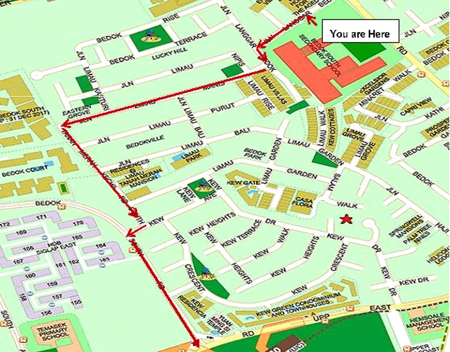 Street map of Bedok, Singapore, with a red arrow route marked from a "You are Here" point near Bedok South Secondary School.